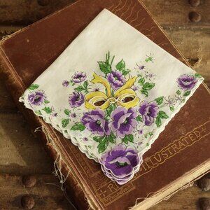 Vintage 1950s Cotton Handkerchief, Purple Roses with Yellow Ribbon Hankie